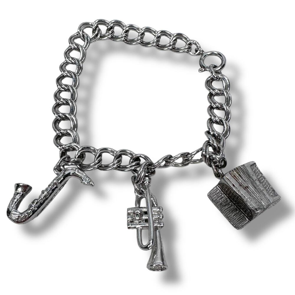 LeStage Sterling Silver 3 Musical Instruments Charm Bracelet Women’s Signed 23g‎